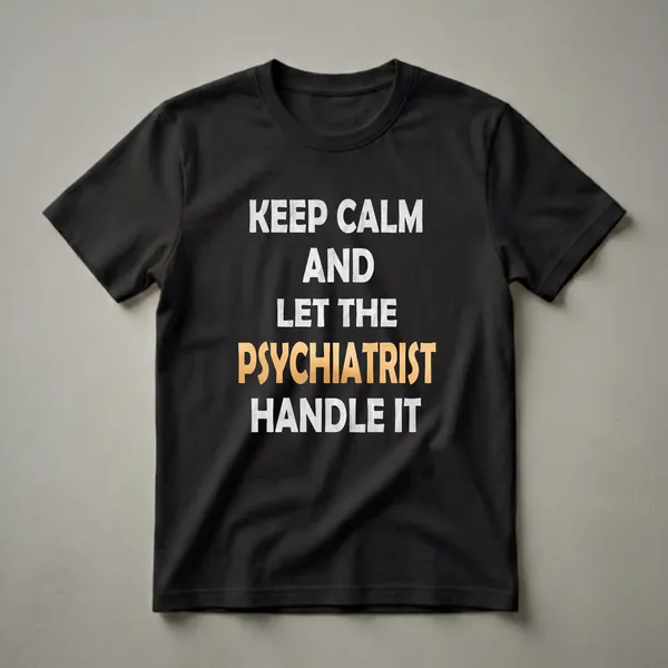 Black t-shirt with white and gold textured text that reads 'Keep Calm And Let The Psychiatrist Handle It.'