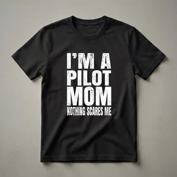 Black t-shirt with distressed white text that reads 'I'M A PILOT MOM NOTHING SCARES ME'.