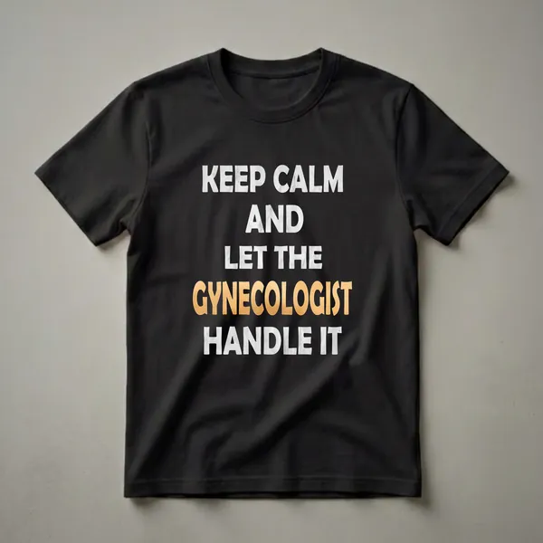Black t-shirt with white and gold text that reads 'KEEP CALM AND LET THE GYNECOLOGIST HANDLE IT'.