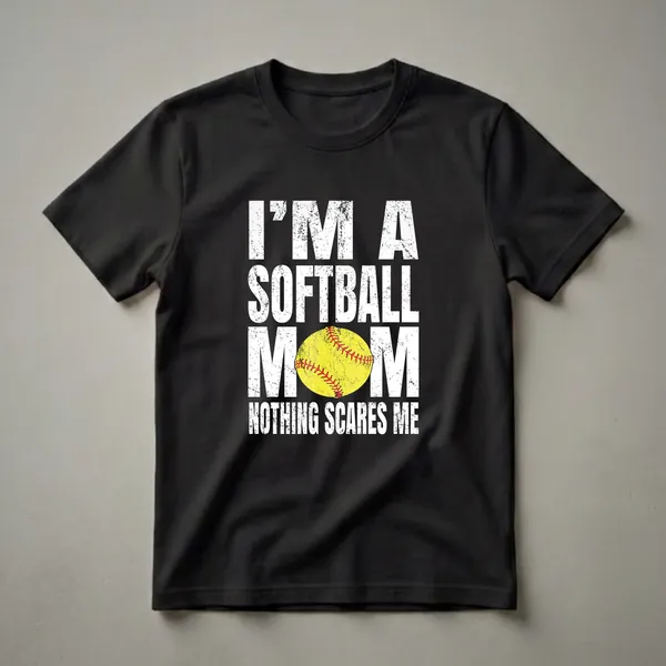 White distressed text graphic that says "I'M A SOFTBALL MOM NOTHING SCARES ME" with a yellow softball in the center, on a black background.