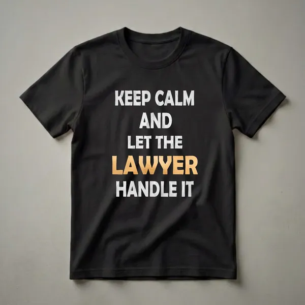 Black t-shirt with white and gold distressed text that reads 'KEEP CALM AND LET THE LAWYER HANDLE IT'.