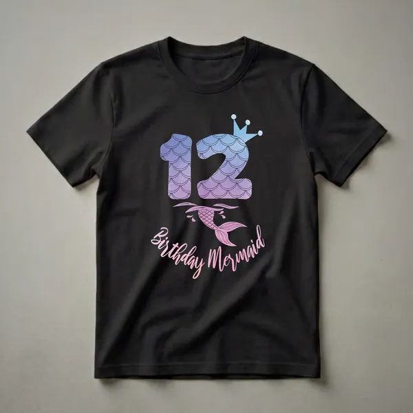 Black t-shirt with a graphic featuring the number 12 in blue and purple ombre with mermaid scales and a crown, a mermaid tail splashing in pink and orange, and the text 'Birthday Mermaid'.