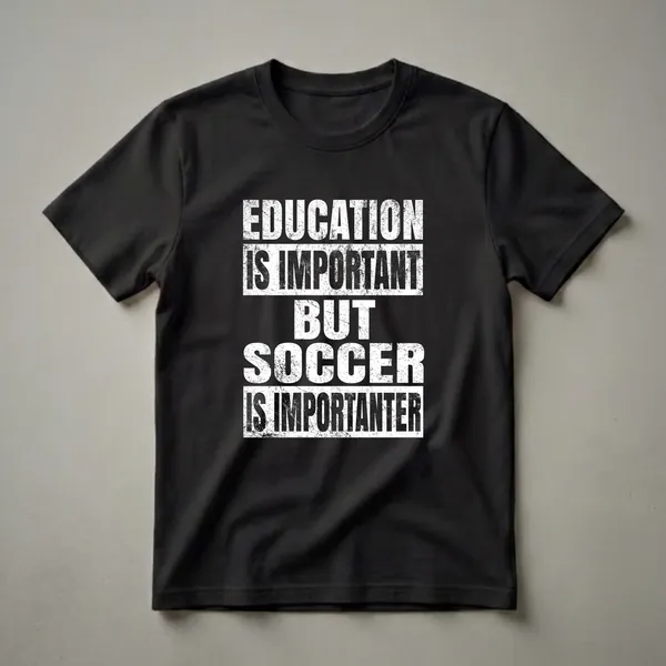 Black t-shirt with distressed white text that reads 'EDUCATION IS IMPORTANT BUT SOCCER IS IMPORTANTER'.