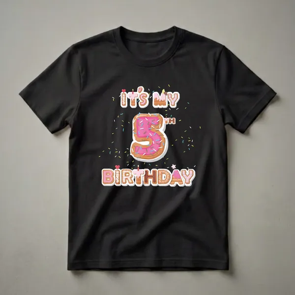 Black t-shirt featuring the text 'It's My 5th Birthday' and the number 5, all designed to look like donuts with pink frosting and colorful sprinkles.