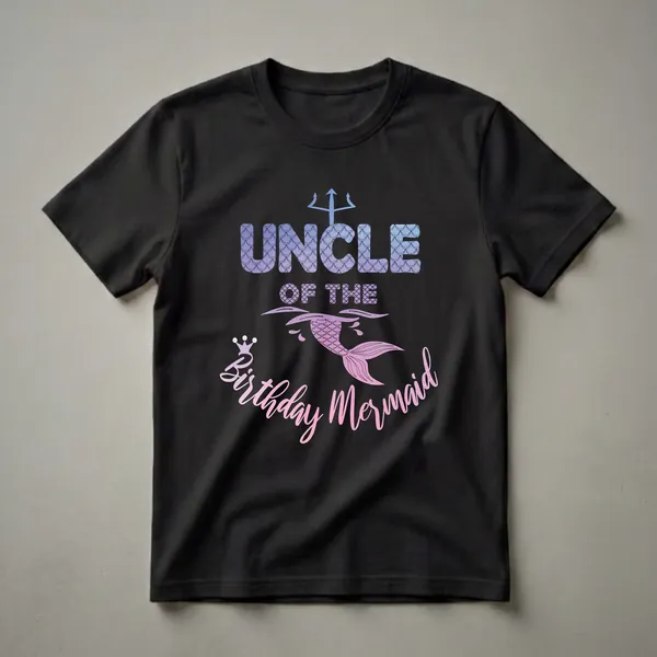 Black t-shirt with the text 'UNCLE OF THE BIRTHDAY MERMAID' in gradient colors and a mermaid tail graphic.