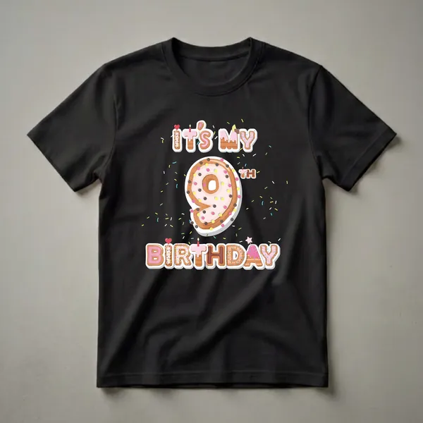 Black t-shirt with a graphic design that says 'It's My 9th Birthday' in donut-themed letters, featuring a large number 9 donut with sprinkles and candles.