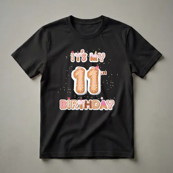 Black t-shirt featuring a "It's My 11th Birthday" graphic with donut-themed letters, the number 11, and colorful sprinkles.