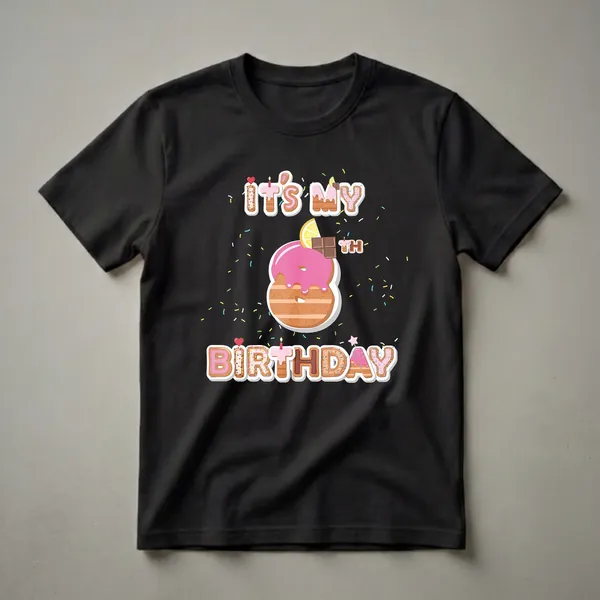 Black t-shirt featuring "It's My 8th Birthday" in donut-themed letters, a large donut number 8, and colorful sprinkles.