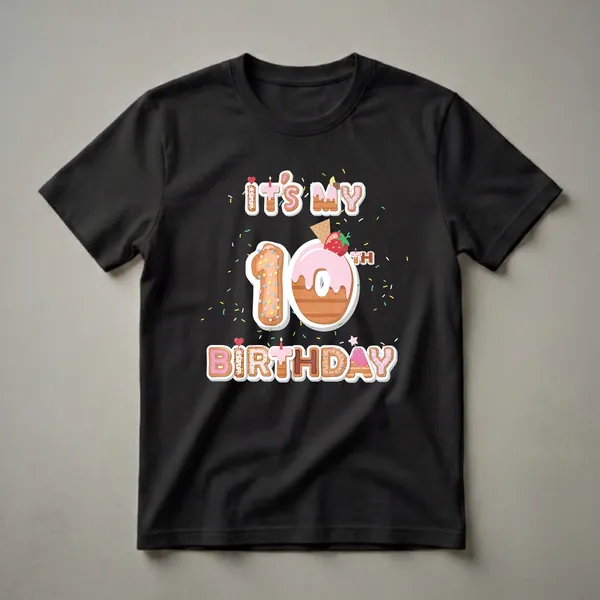 Black t-shirt with a graphic design that reads 'It's My 10th Birthday' with numbers and letters styled as donuts and cookies, adorned with sprinkles, a strawberry, and a waffle cone.