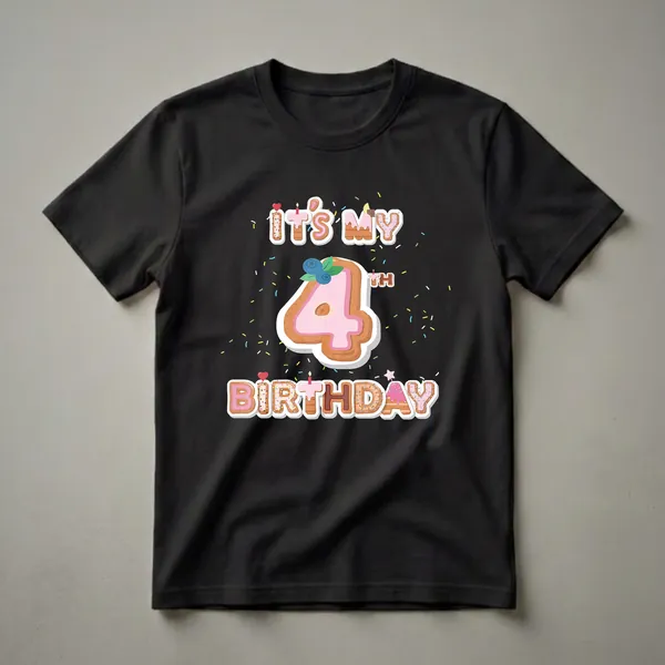 Black t-shirt featuring donut-shaped letters that spell 'IT'S MY 4TH BIRTHDAY' with a large decorated number 4 and colorful sprinkles scattered around.