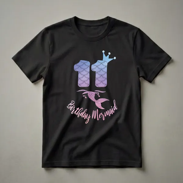 Black t-shirt featuring the number 11 in blue and purple watercolor with a crown, a pink and purple mermaid tail emerging from waves, and the text 'Birthday Mermaid' in pink and orange gradient.