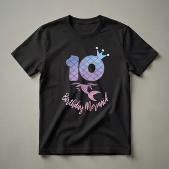 10th Birthday Mermaid Crown and Tail Graphic T-Shirt for Girls