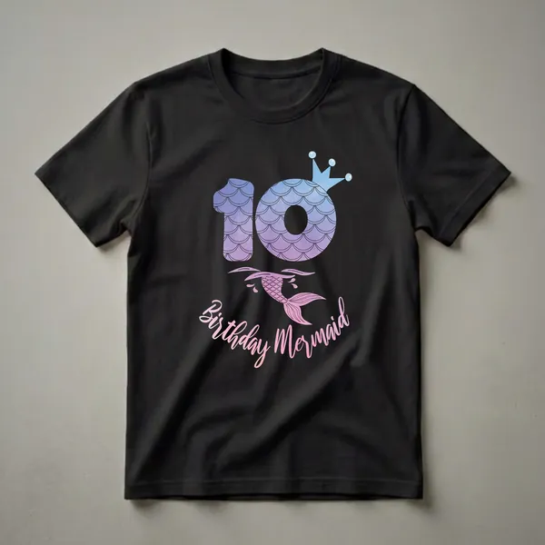 Black t-shirt featuring a large number 10 with blue and purple mermaid scales, a blue crown with pearls, a pink mermaid tail, and the words 'Birthday Mermaid'.