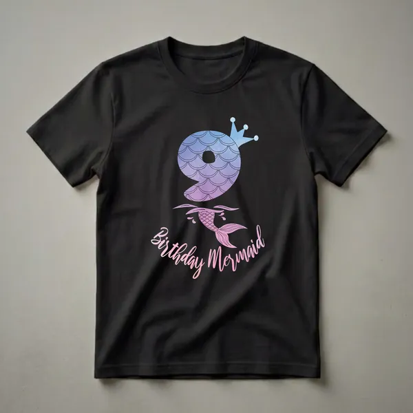 Black t-shirt featuring a large number 9 with a blue and purple gradient mermaid scale pattern and a crown, with a pink mermaid tail emerging from water below, and the text 'Birthday Mermaid'.