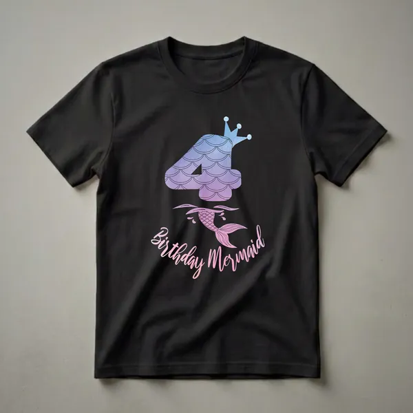 Black t-shirt featuring a large number 4 with a blue and purple gradient watercolor texture and a mermaid crown, a swimming pink mermaid tail with scales, and the text 'Birthday Mermaid' in a pink and orange gradient.
