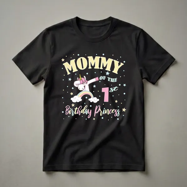 Black t-shirt with a cartoon unicorn dabbing, a pastel rainbow, clouds, stars, and polka dots. Text reads 'Mommy Of The 1st Birthday Princess'.