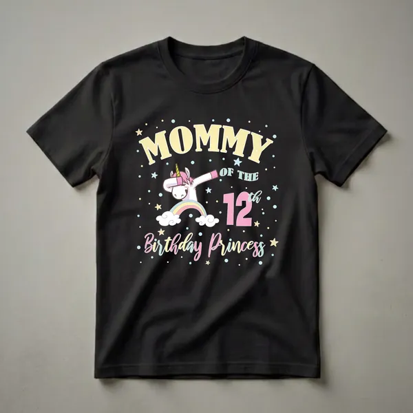 Black t-shirt with 'Mommy Of The 12th Birthday Princess' text, a dabbing unicorn, rainbow, clouds, and stars in pastel colors.