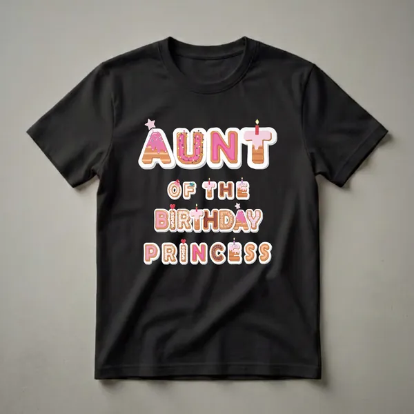 A black t-shirt graphic that reads 'Aunt Of The Birthday Princess' in letters designed to look like decorated cookies and donuts, with sprinkles, candles, and a star topper.