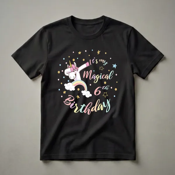 Black t-shirt featuring a cartoon dabbing unicorn with a pink mane and tail, a pastel rainbow, clouds, confetti dots, and stars. Text reads 'It's my Magical 6th Birthday' in pastel colors.