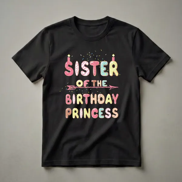 Black t-shirt with "Sister of the Birthday Princess" written in colorful donut-shaped letters, with sprinkles and a pink arrow.