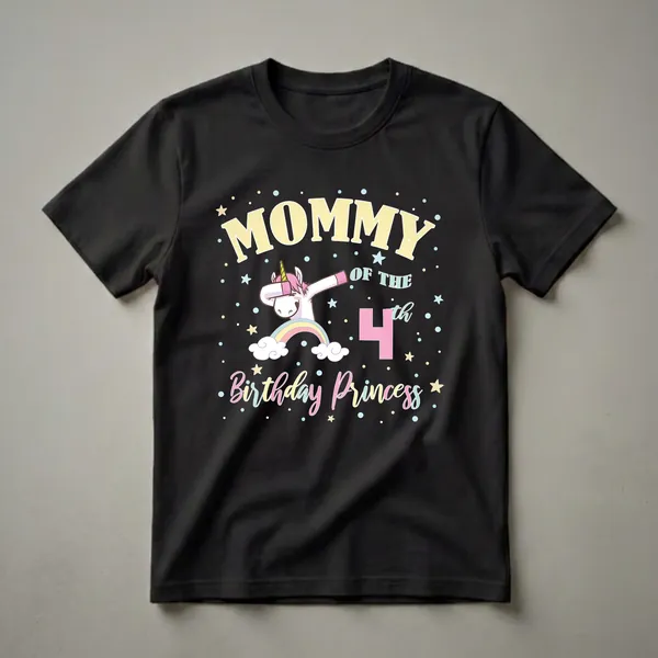 Black t-shirt with 'Mommy Of The 4th Birthday Princess' text, a dabbing unicorn, pastel rainbow, clouds, and scattered stars.