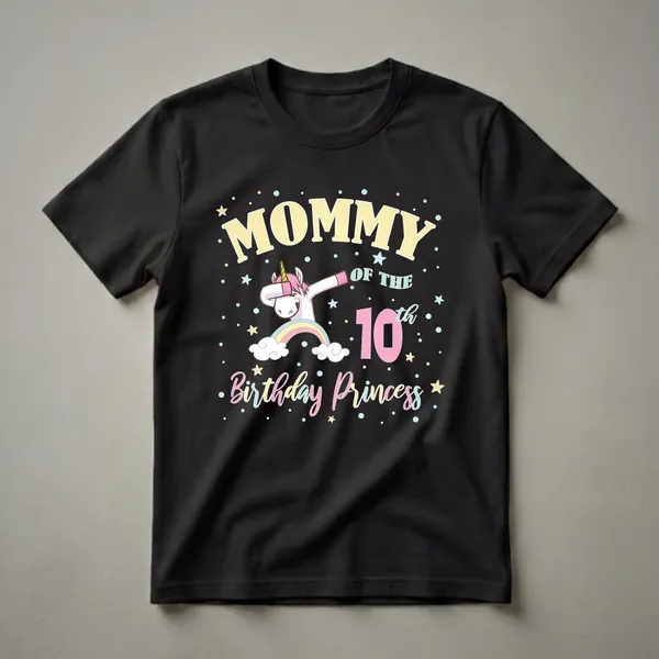 Black t-shirt with 'Mommy Of The 10th Birthday Princess' text, a dabbing unicorn, rainbow, clouds, and stars.