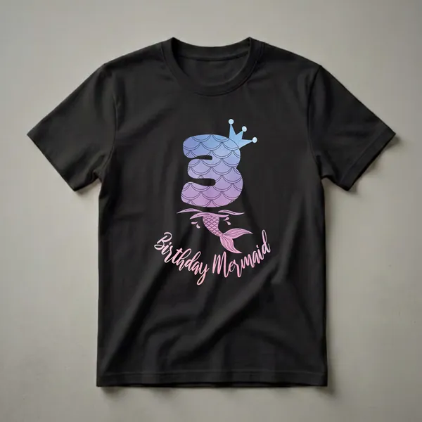Black t-shirt featuring a watercolor number '3' with a blue and purple gradient, topped with a mermaid crown, and a pink and purple mermaid tail emerging from wavy water lines, with the text 'Birthday Mermaid'.