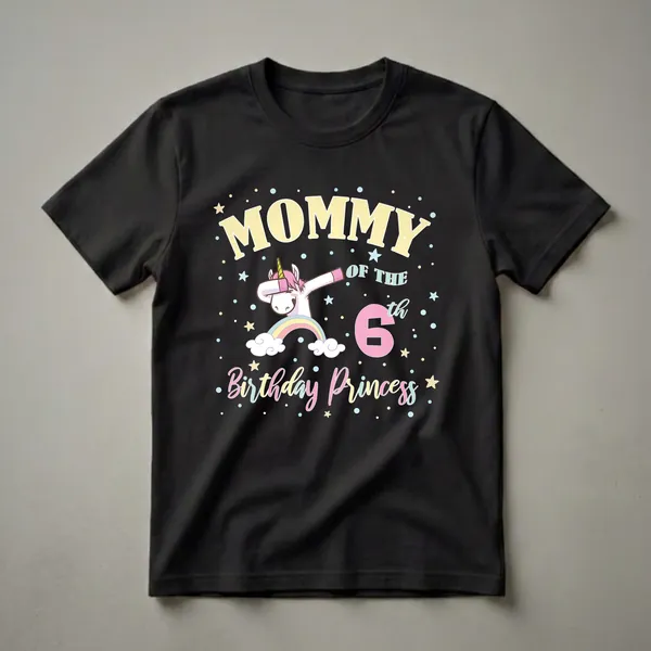 Black t-shirt with 'Mommy Of The 6th Birthday Princess' text, a dabbing unicorn, rainbow, clouds, and stars in pastel colors.