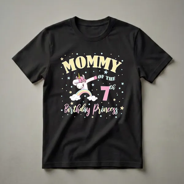 Black t-shirt featuring a cartoon unicorn dabbing, a rainbow, clouds, stars, and the text 'Mommy Of The 7th Birthday Princess' in pastel colors.