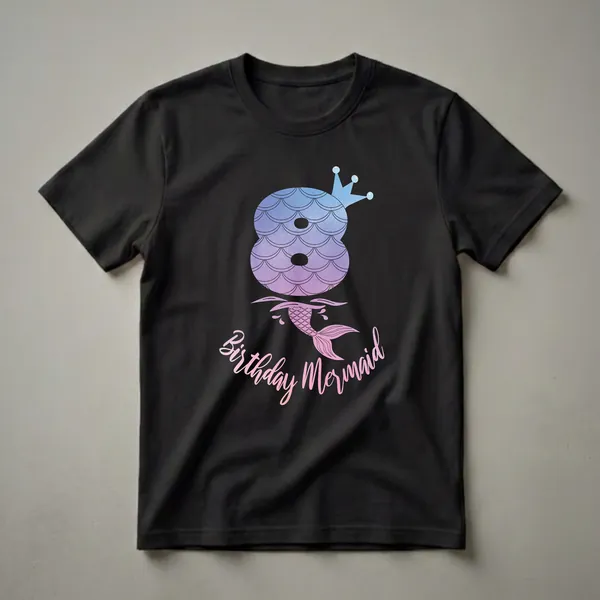 Black t-shirt featuring a large blue-to-purple gradient number 8 with a mermaid scale pattern and a crown, with a pink gradient mermaid tail emerging from water and the text 'Birthday Mermaid'.