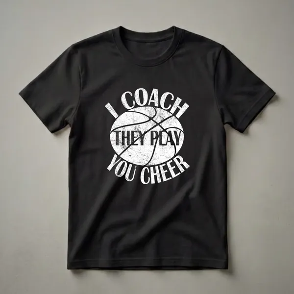 Black t-shirt with distressed white text that reads 'I COACH THEY PLAY YOU CHEER' surrounding a distressed basketball graphic.