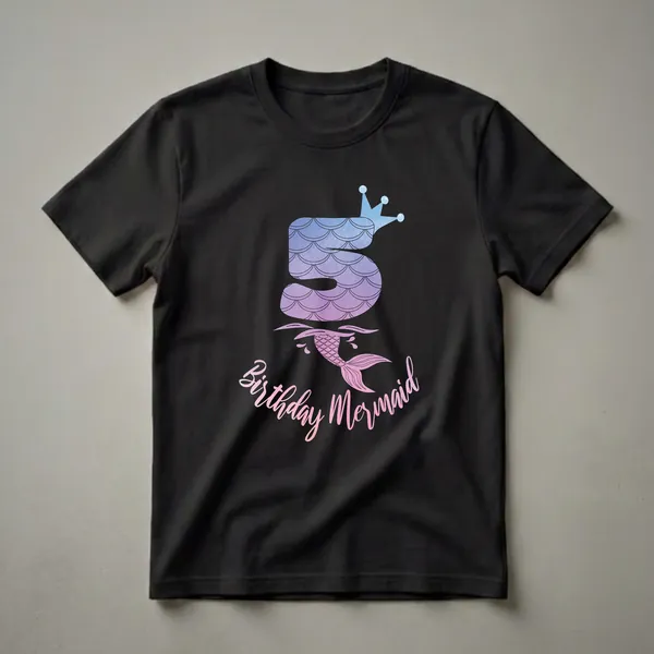 Black t-shirt featuring a large number 5 with a blue and purple watercolor mermaid crown, a pink and purple watercolor mermaid tail emerging from waves, and the text 'Birthday Mermaid' in a gradient script.