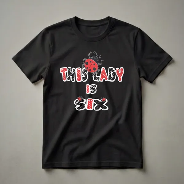 Black t-shirt with red and black polka dot text that reads 'THIS LADY IS SIX' and features ladybug illustrations.
