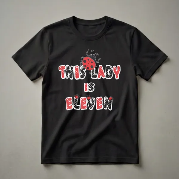 Black t-shirt with red and black polka dot text that reads 'This Lady Is Eleven', adorned with ladybug graphics.