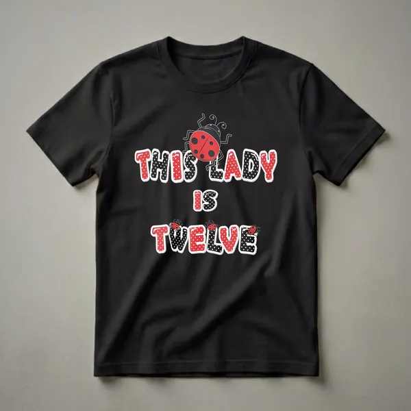 Black t-shirt with red and black polka dot text that reads 'THIS LADY IS TWELVE' and features cartoon ladybugs.