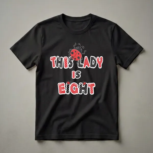 Black t-shirt with red and black polka dot text that reads 'THIS LADY IS EIGHT', featuring two ladybug graphics.