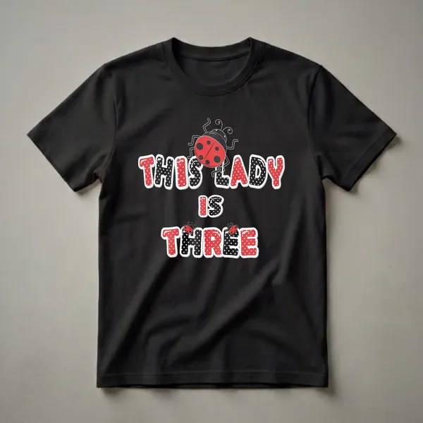 Black t-shirt with the text 'THIS LADY IS THREE' in red and black polka dot letters, featuring ladybug graphics.