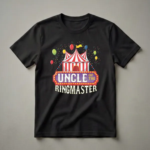 Black t-shirt featuring a red and white striped circus tent with colorful balloons and confetti, and the text 'Uncle Of The Ringmaster' in a marquee style.