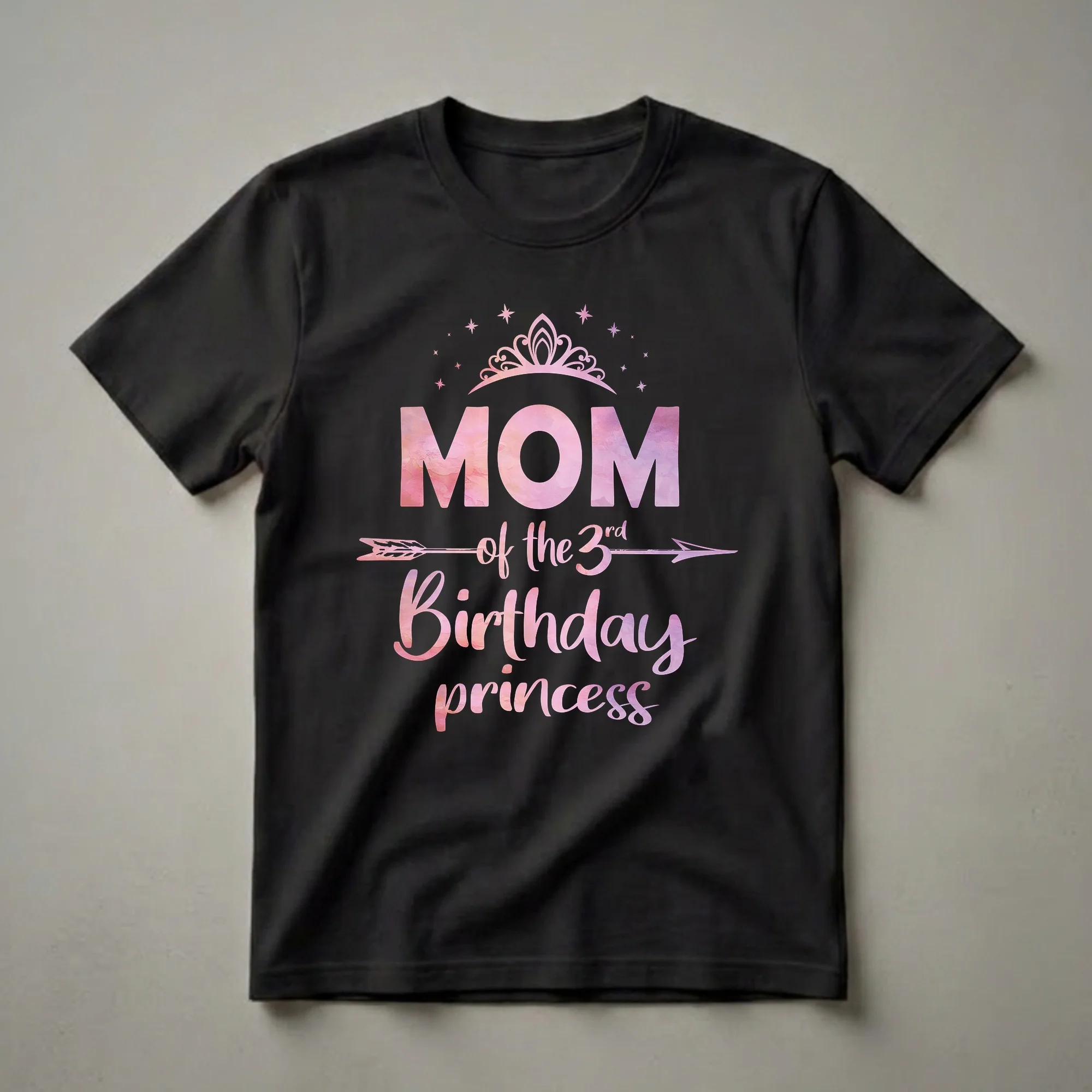 Black t-shirt with watercolor text that reads 'Mom of the 3rd Birthday Princess' with a tiara and stars.