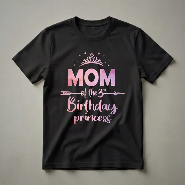 Black t-shirt with watercolor text that reads 'Mom of the 3rd Birthday Princess' with a tiara and stars.
