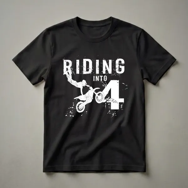 Black t-shirt with white graphic of a motocross rider jumping, and the text 'RIDING INTO 4' for a 4th birthday celebration.
