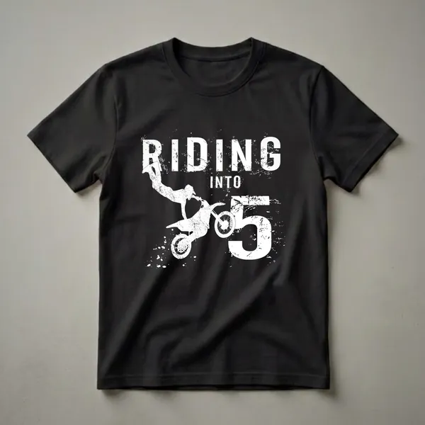 Black t-shirt with white graphic of a motocross rider jumping and the words "RIDING INTO 5" in distressed white lettering.