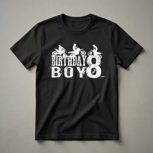 Black t-shirt with white graphic of three motocross riders and distressed text 'BIRTHDAY BOY 8' celebrating an 8th birthday.