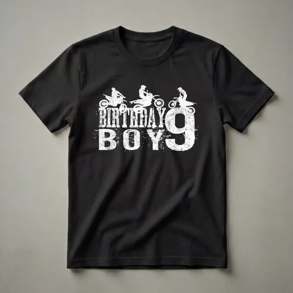 White graphic on a black t-shirt showing three dirt bike riders in silhouette above the words 'BIRTHDAY BOY' and the number '9'.