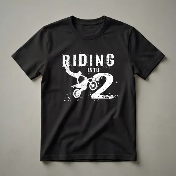 Black t-shirt with white graphic that reads 'RIDING INTO 2' featuring a motocross rider jumping with a dirt bike.