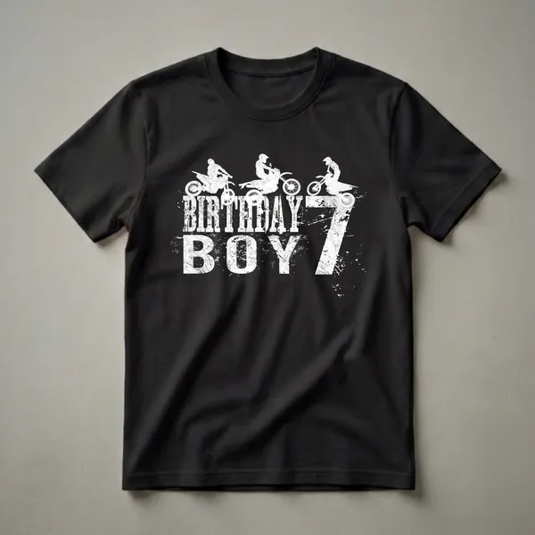 White graphic of three motocross riders on dirt bikes above distressed text reading 'BIRTHDAY BOY 7' on a black t-shirt.