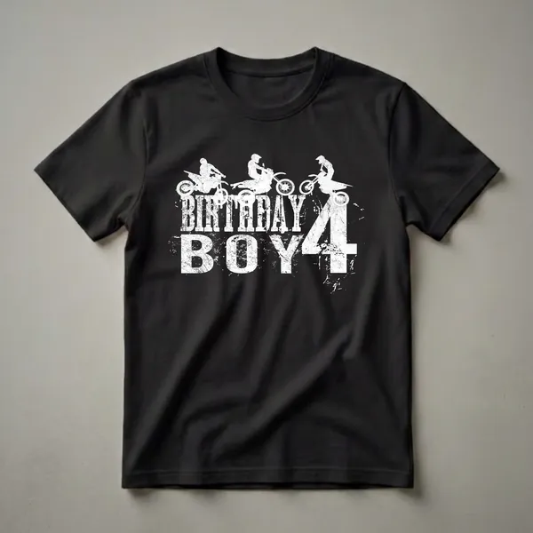 Black t-shirt with white distressed graphic featuring three motocross riders and "BIRTHDAY BOY 4" text, celebrating a 4th birthday.