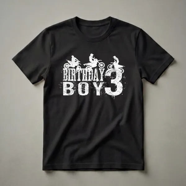 Black t-shirt with white graphic of three dirt bike riders above distressed text 'BIRTHDAY BOY 3'.