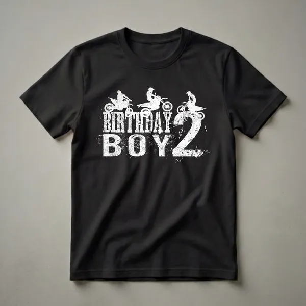 Black t-shirt with white distressed graphic of three motocross riders and the text 'BIRTHDAY BOY 2' for a 2nd birthday celebration.