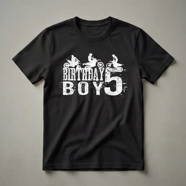 Black t-shirt with white distressed graphic of three motocross riders and "BIRTHDAY BOY 5" text, celebrating a 5th birthday.